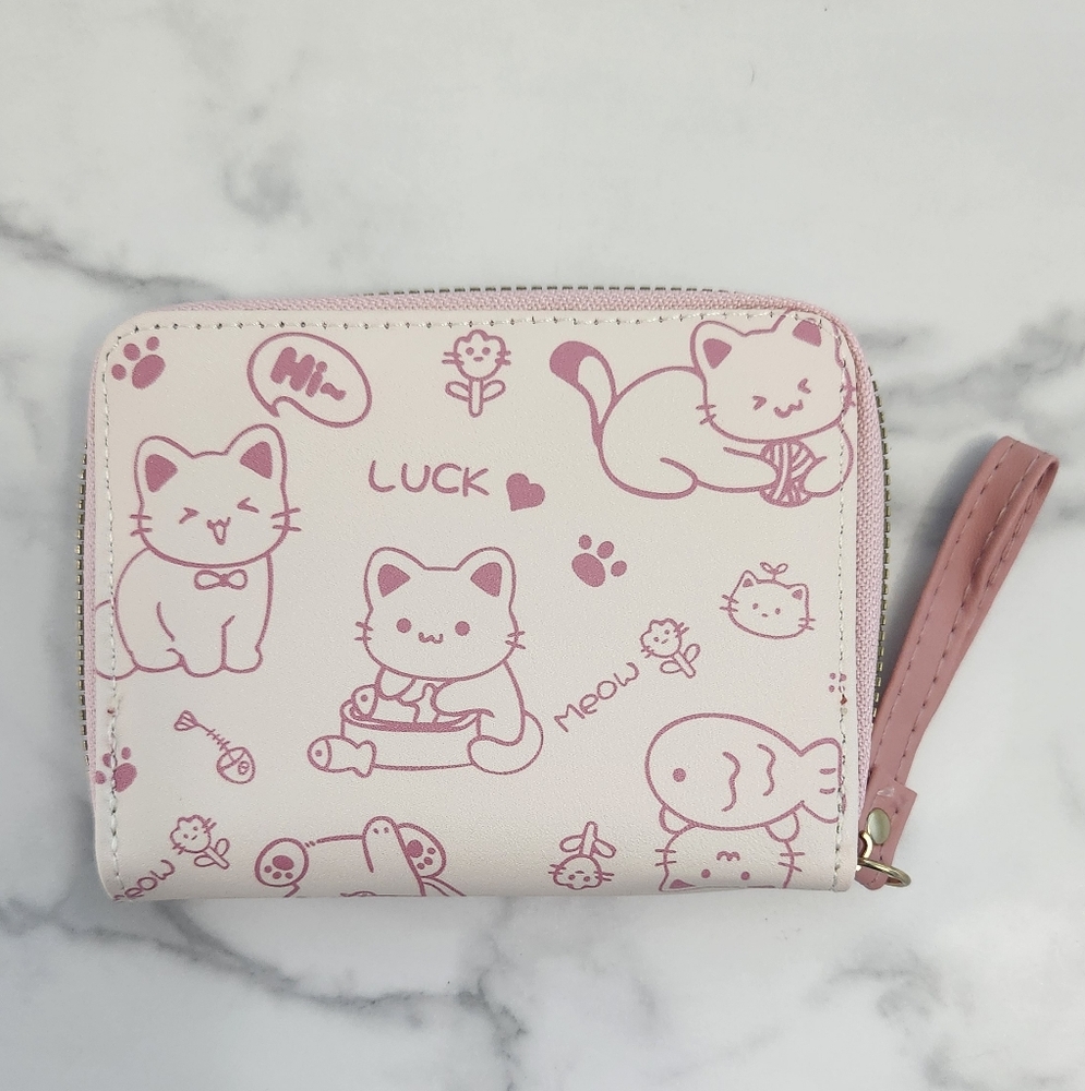Pink & White Whimsical Cat Print Mini Wallet - Picture 8 of 15
